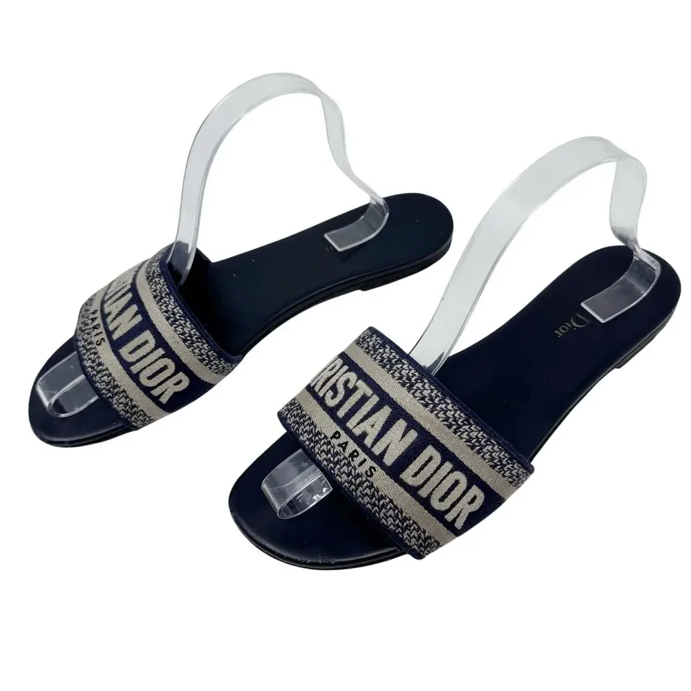 CHRISTIAN DIOR Dway Navy Blue Slide Sandal Embroidered Logo EU 40.5 US 10.5